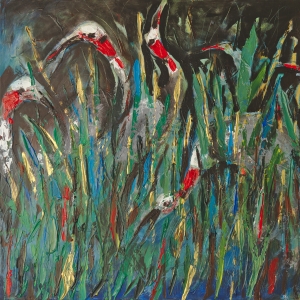 Cranes at Night on the Tonle Sap Lake Cambodia Dina Chhan Female Painter