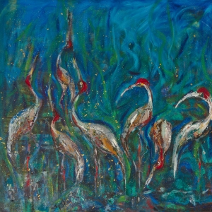 Cranes on the Tonle Sap Lake Cambodia by Cambodian Painter and sculptor Dina Chhan