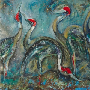 Dina Cambodian Painter Sarus Cranes wading in shallow water Tonle Sap lake Cambodia