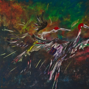 Sarus Cranes flying towards sunset at dusk painted by Dina Chhan Cambodian painter
