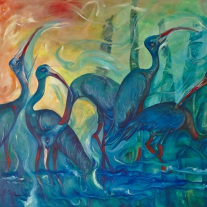 Sarus Cranes wade in the water Tonle Sap Lake Cambodia Painted by Dina Chhan